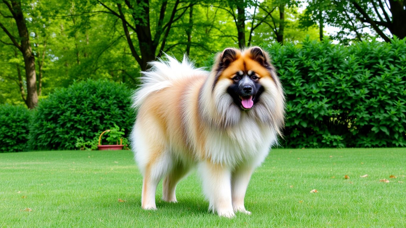 Fluffy Keeshond dog in a green park.