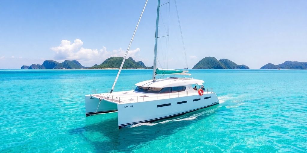 Catamaran sailing on turquoise waters near Tortola.