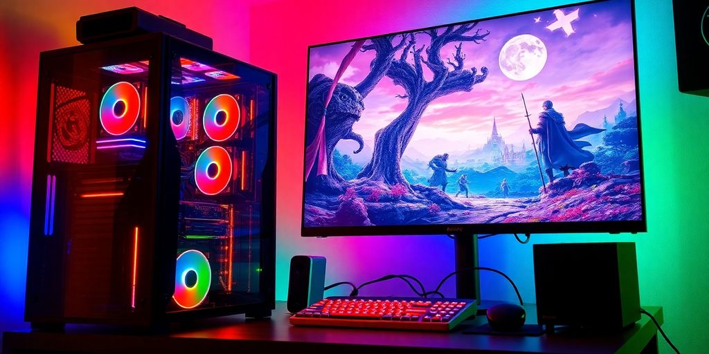 Futuristic gaming PC with colorful RGB lights and fantasy RPG.