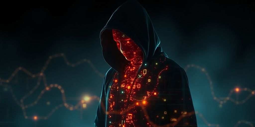 Cybercriminal manipulating digital emotions with shadowy AI.
