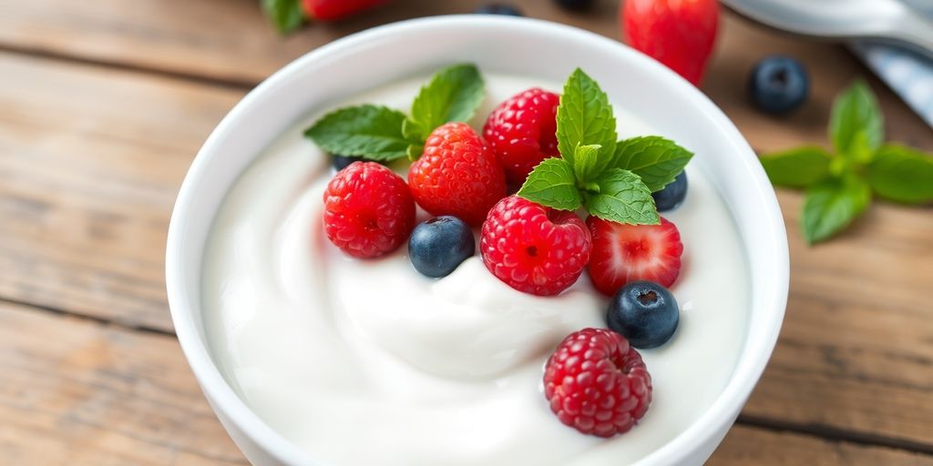 Bowl of yogurt with fresh berries and mint leaves.