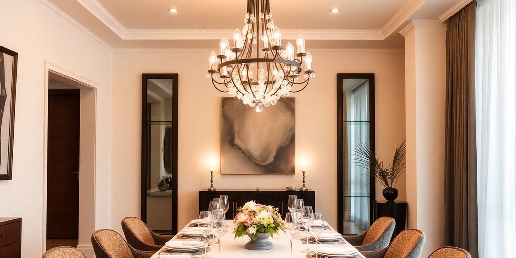 Elegant dining room with a modern chandelier.
