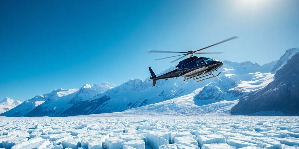 A helicopter flying over a vast Alaskan glacier and mountains.
