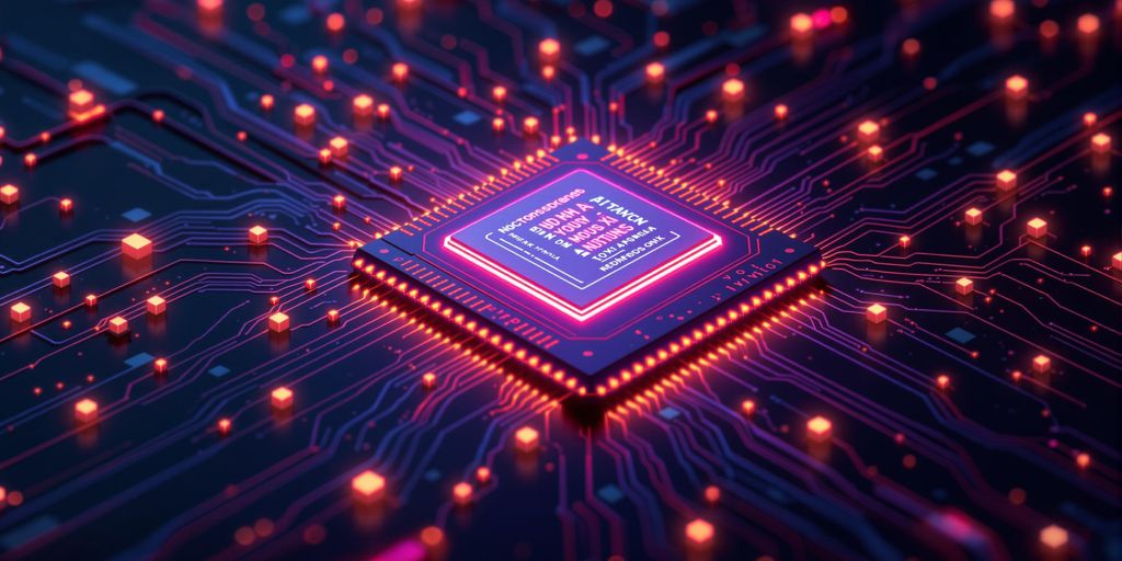 Futuristic AI chip with glowing circuits on dark background.