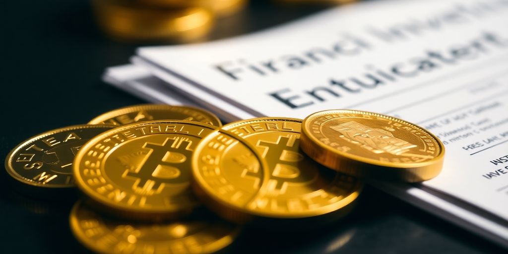 Pièces d'or et documents financiers sur une table.