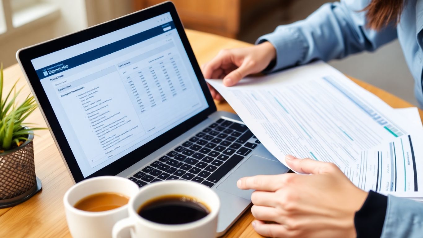 Pessoa revisando documentos financeiros em uma mesa.