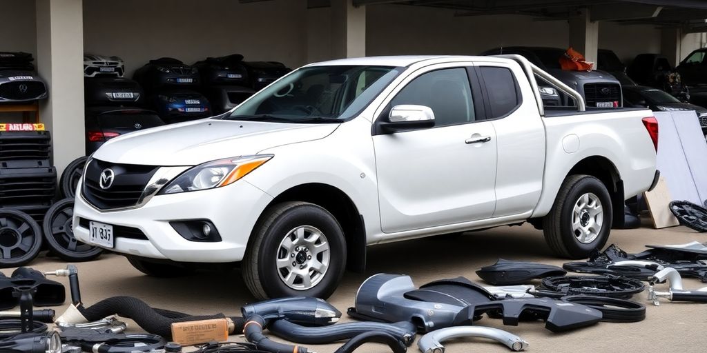Mazda BT-50 truck with various automotive parts.