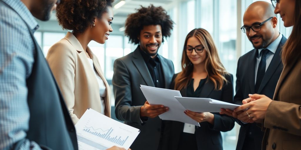 Diverse professionals collaborating in a financial office setting.