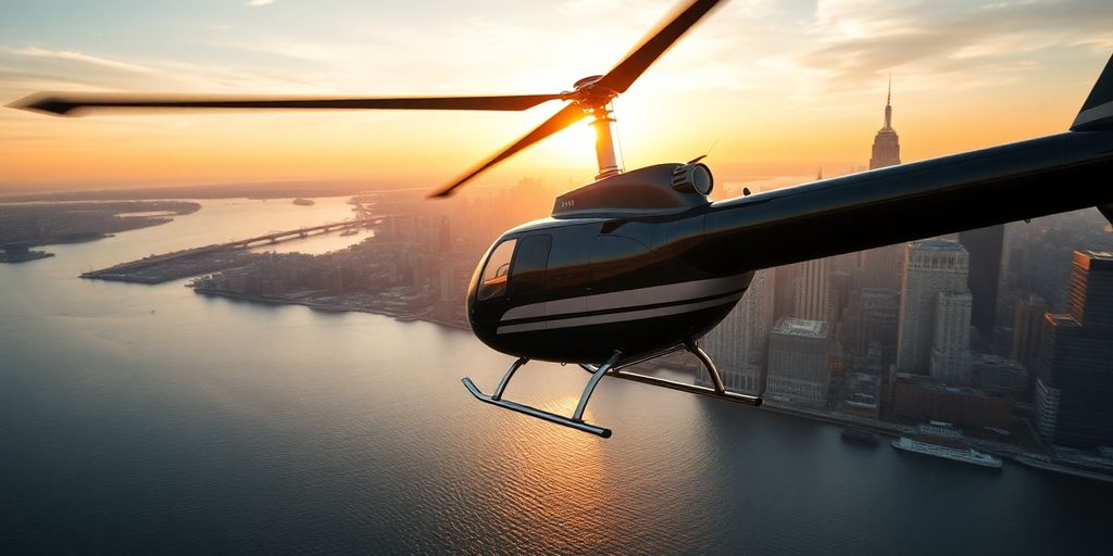 A sleek helicopter flying towards the New York City skyline.