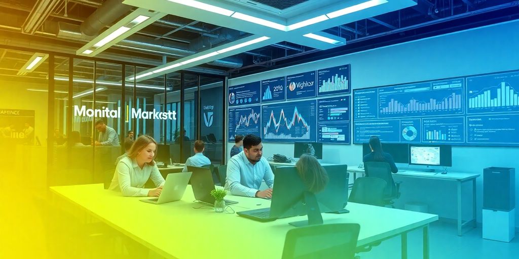 Profissionais de marketing digital em ambiente moderno.