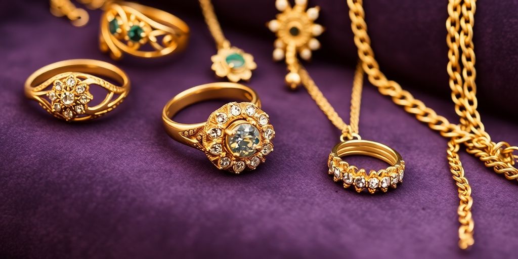 Bijoux en or délicats sur un fond en velours.