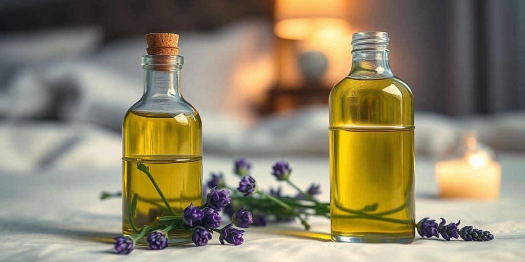 Aromatherapy diffuser releasing lavender mist near a peaceful bedroom.