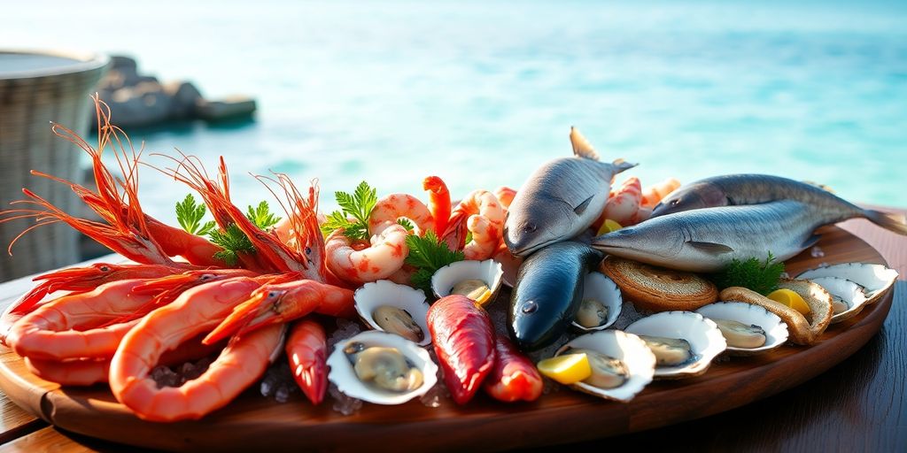 Fresh seafood platter with ocean view in Phuket.