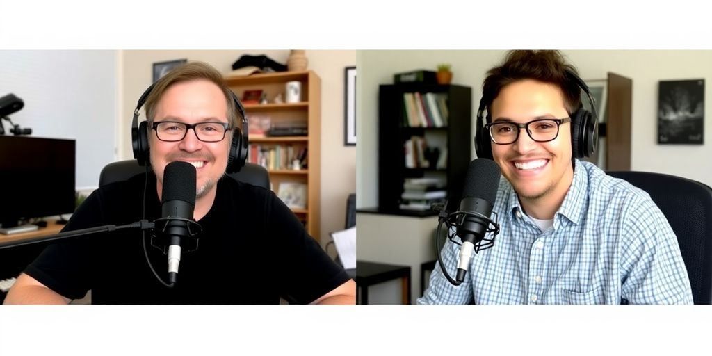 Podcast hosts talking remotely on screens.