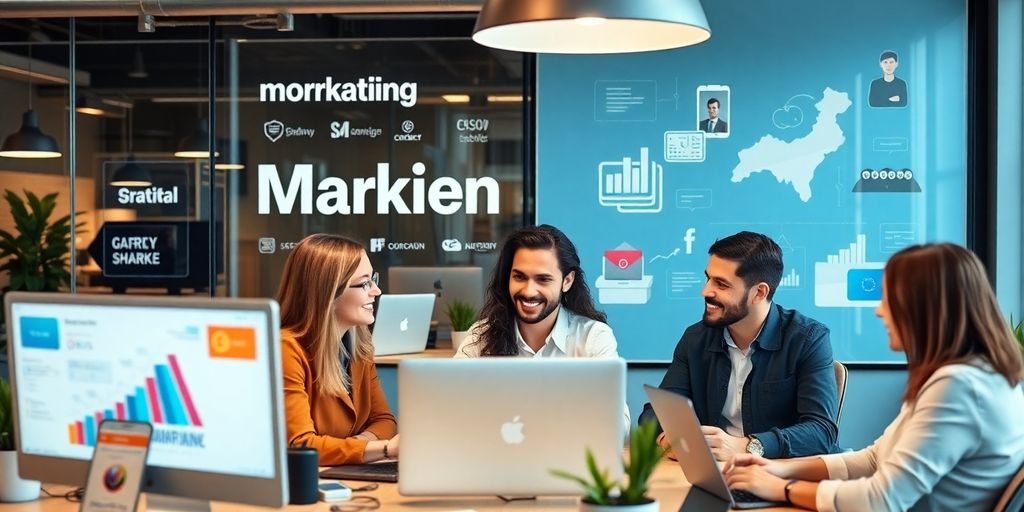 Profissionais de marketing digital em ambiente de escritório moderno.