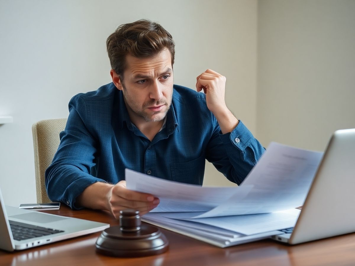Persoană îngrijorată analizând documente legale.