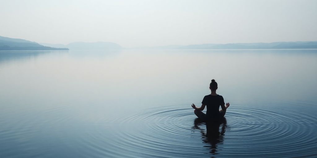Person meditating by a peaceful lake in nature.
