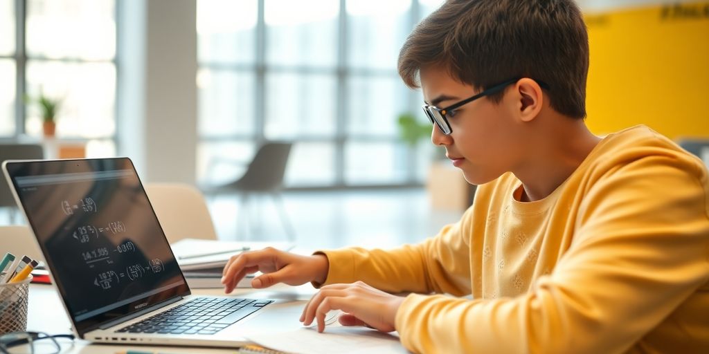 Student working on algebra problems with a laptop.