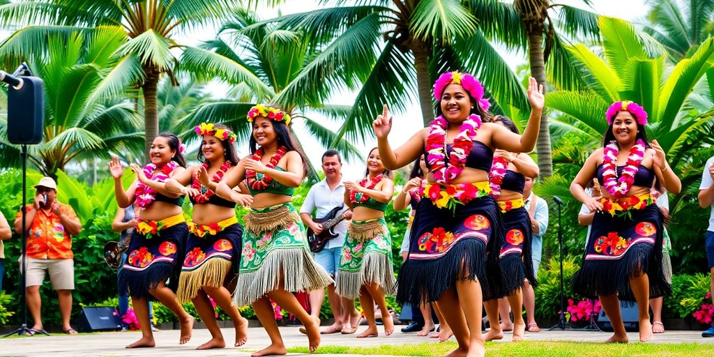 Polynesische Tänzer in traditioneller Kleidung, die in der Natur auftreten.