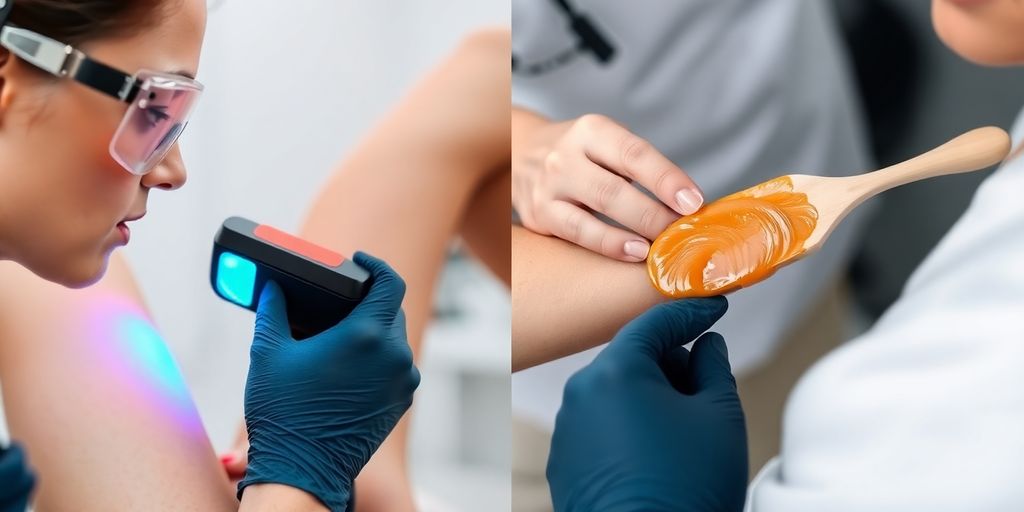 Side-by-side clinic laser hair removal and technician applying warm wax