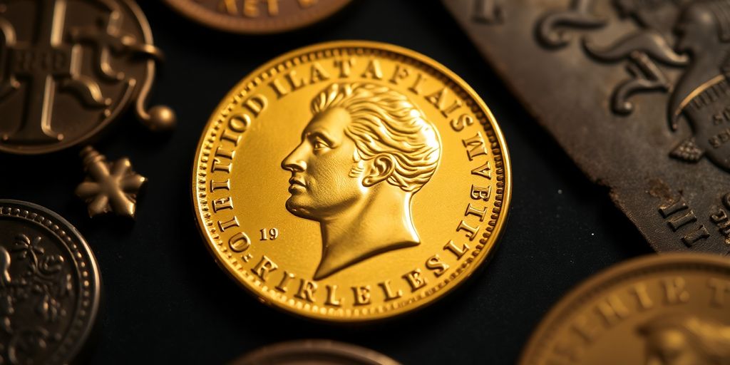Monnaie en or de Napoléon sur fond sombre.
