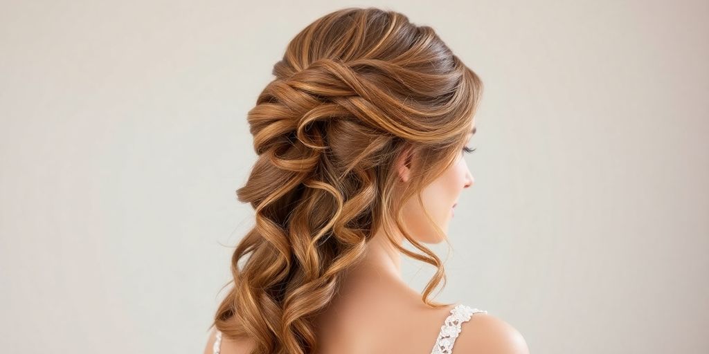 Bride with half-up long wavy hair, soft lighting.