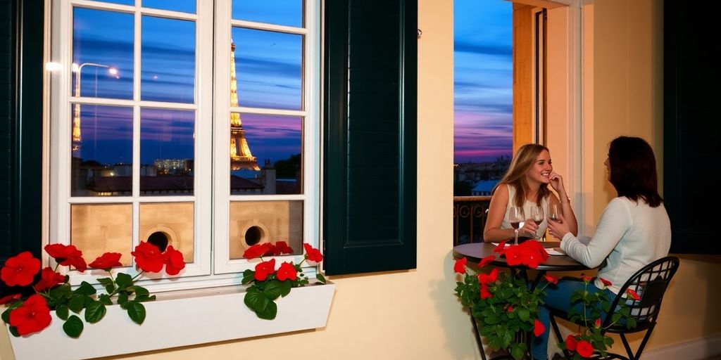 Hôtel parisien abordable, balcon fleuri, vue Tour Eiffel.
