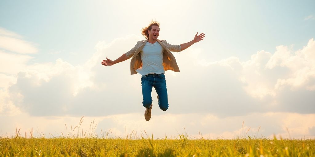 Person leaping towards a bright, sunny horizon.