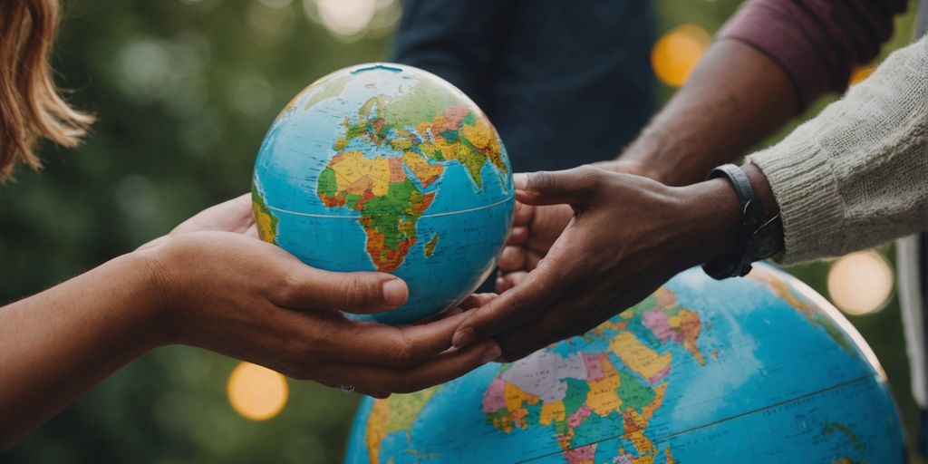 Diverse couples holding hands around globe, symbolizing polyamory.