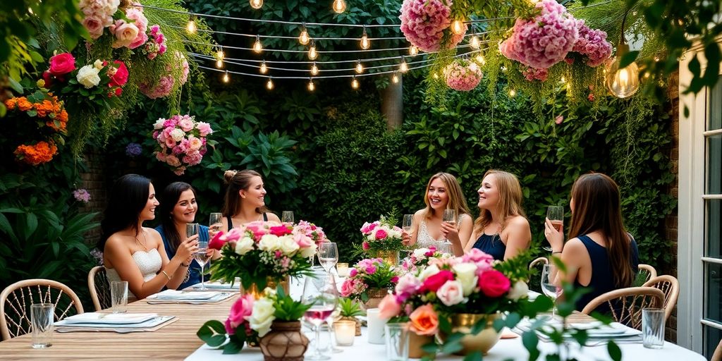 A garden hen party with floral decorations and joyful guests.