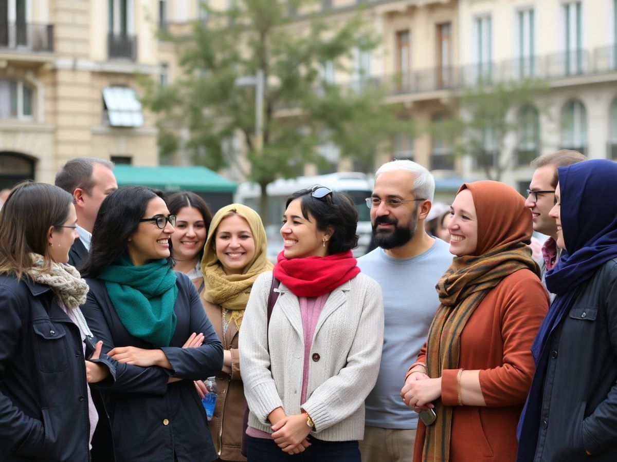 Grup divers de oameni zâmbind și interacționând.