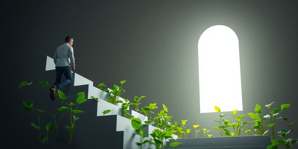Staircase leading to a bright future with growing plants.