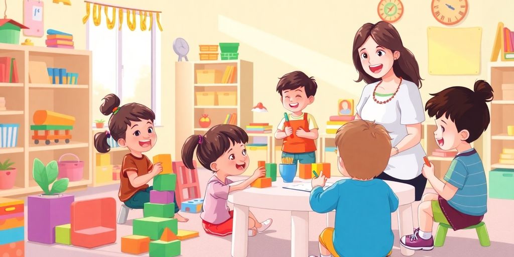 Preschool teacher with children building blocks.