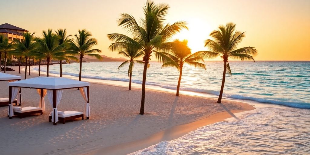 Luxurious beachfront resort with palm trees and sunset glow.