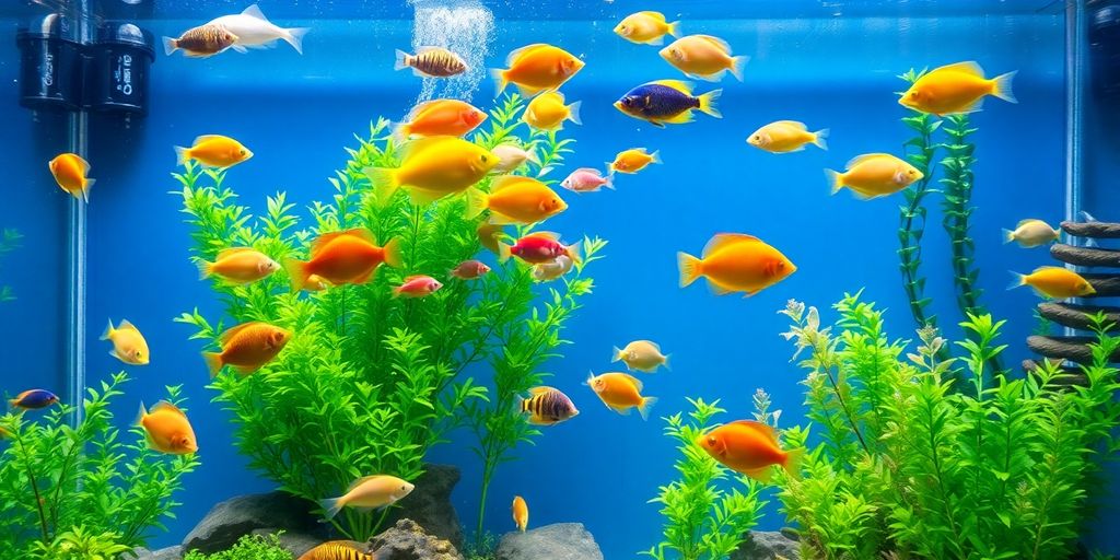 Colorful fish swimming in a well-maintained aquarium.