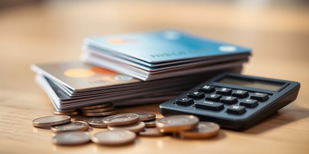 Credit cards, coins, and calculator