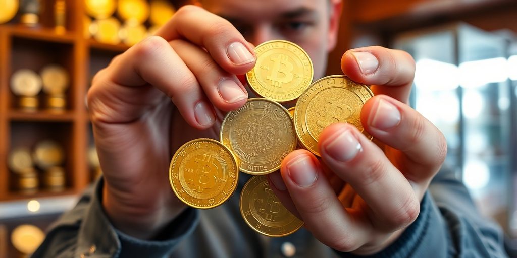 Man examining gold coins in a coin shop.