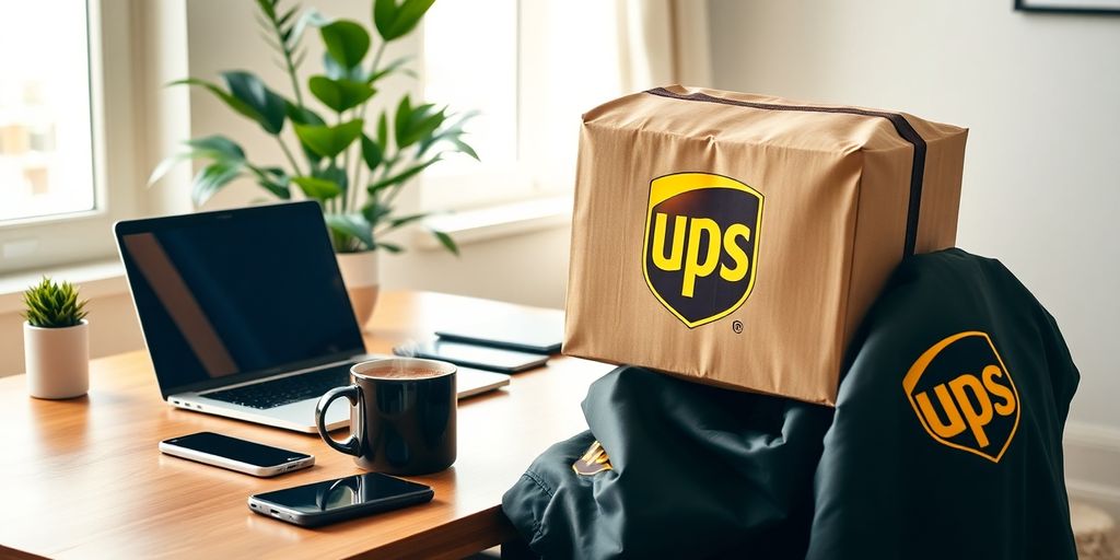 Home office desk with UPS package, laptop, coffee mug, uniform.