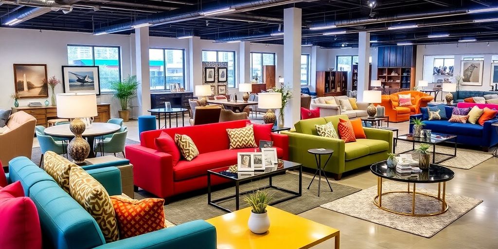Modern furniture display with unique styles and vibrant colors.