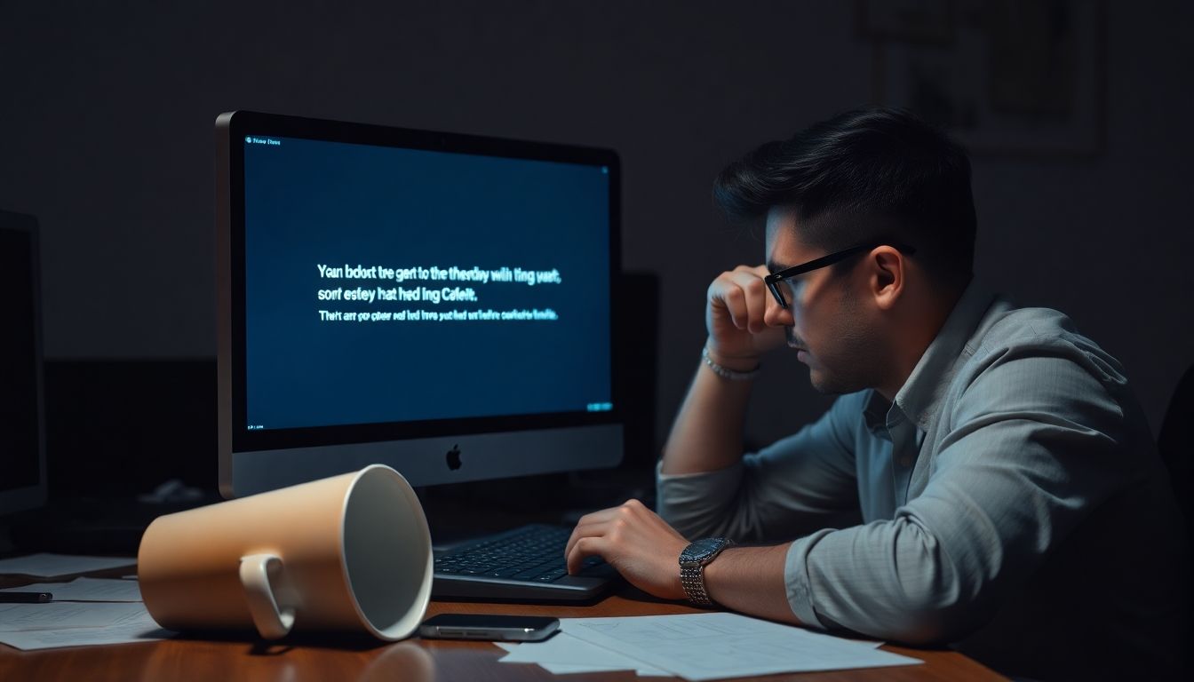 Frustrated user facing AI error at a cluttered desk.