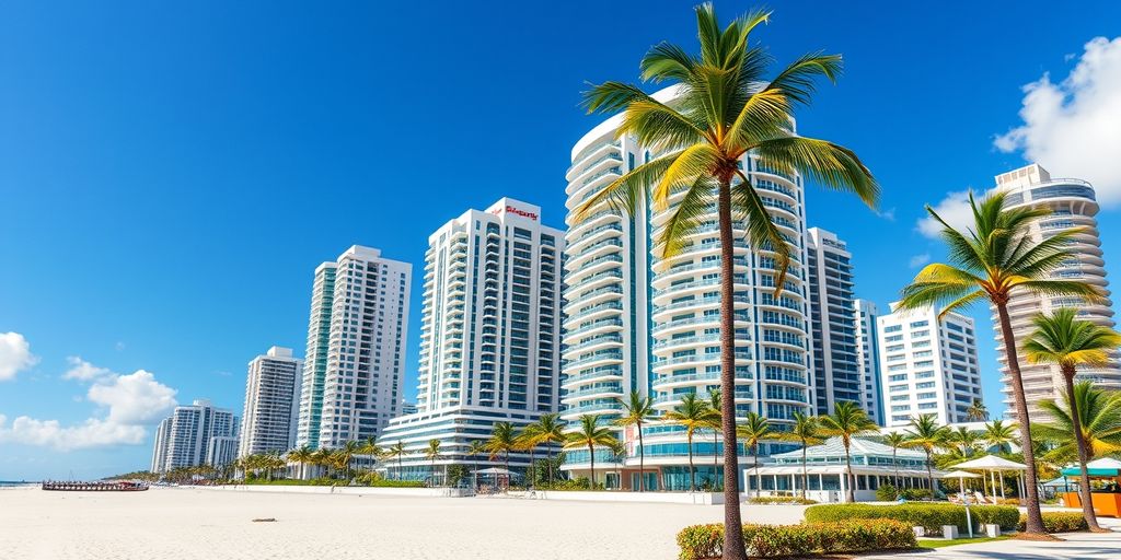 Sunny Isles beachfront condos and palm trees