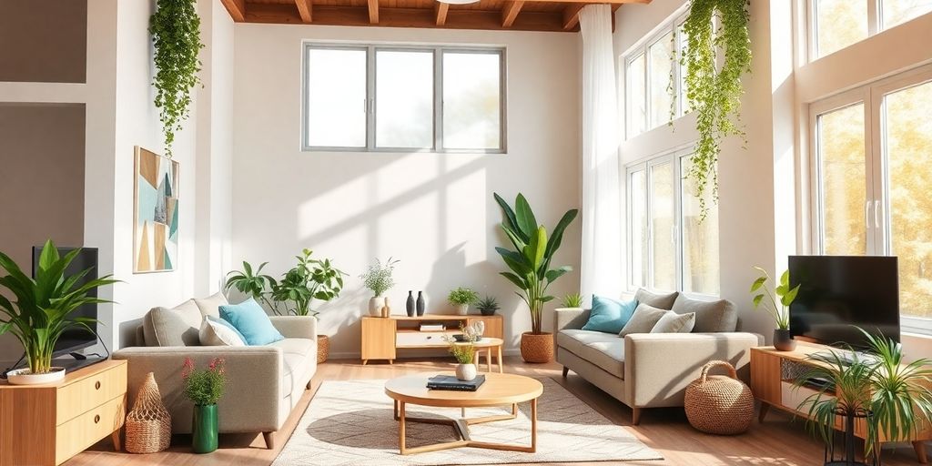 Modern eco-friendly home interior with smart devices and plants.