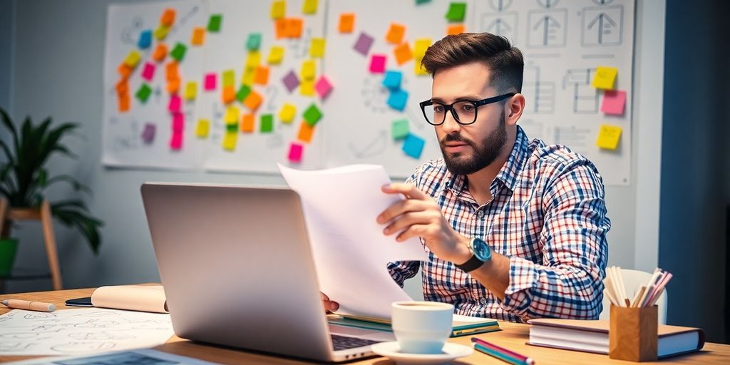 An entrepreneur brainstorming with sketches and a laptop.