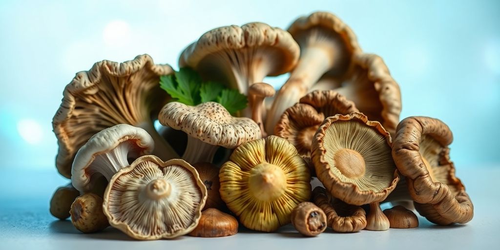 Mushrooms on a vibrant gut microbiome background.