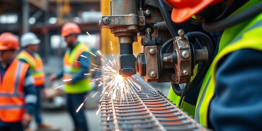 Close-up of a mesh welding machine at work.