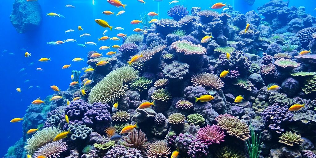 色彩斑斓的珊瑚礁水族箱，里面有鱼和珊瑚。