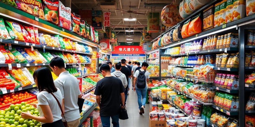 Busy grocery store in Hong Kong with diverse shoppers.