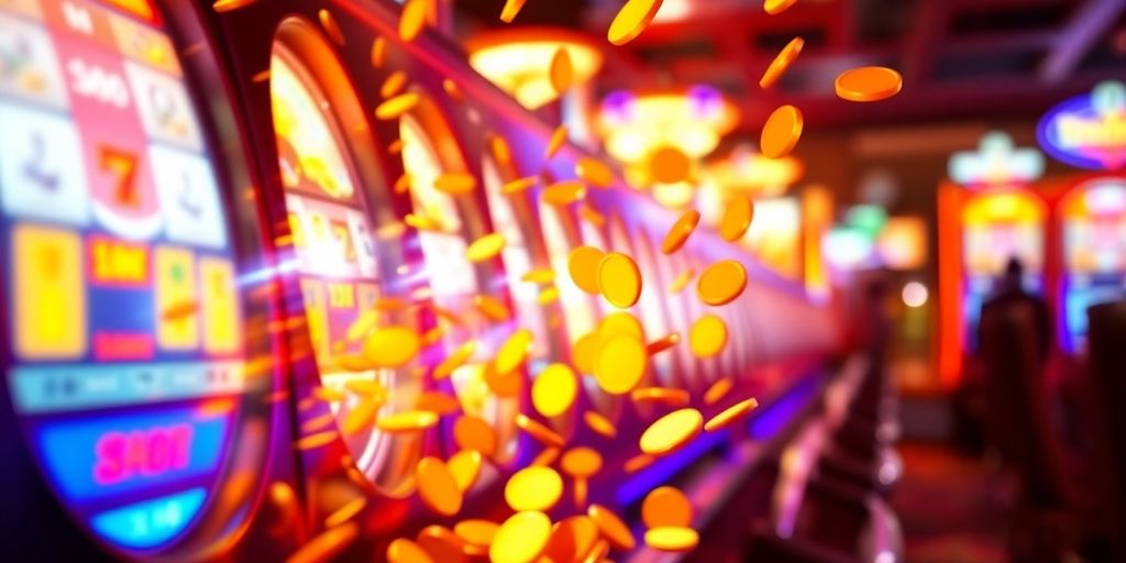 Slot machine reels spinning with a shower of gold coins.