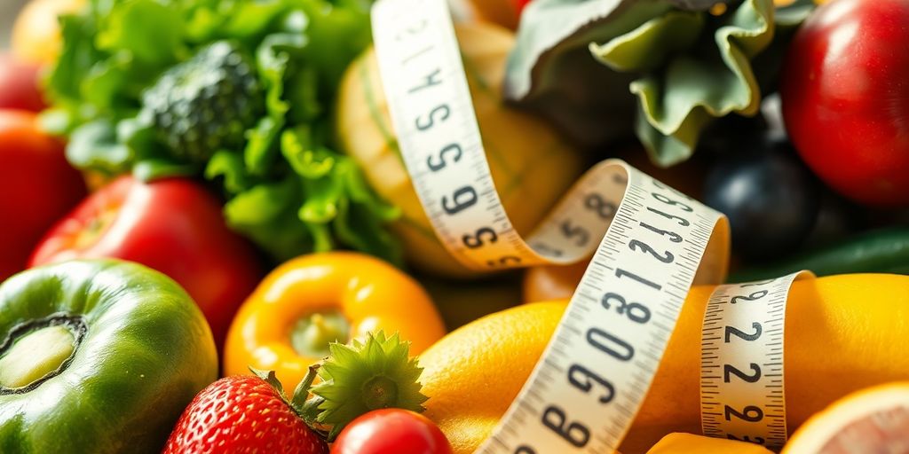 Colorful fruits, vegetables, and a measuring tape.