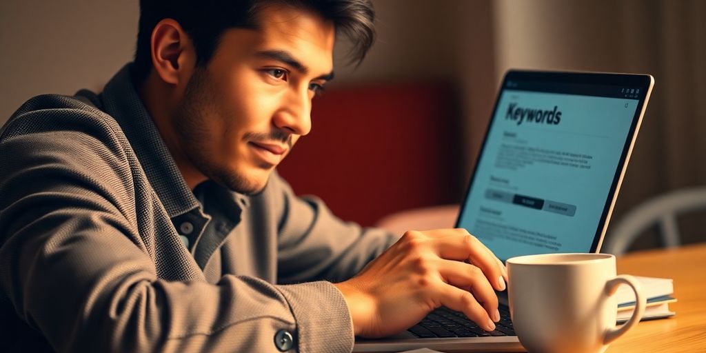Person researching keywords with laptop and notes.